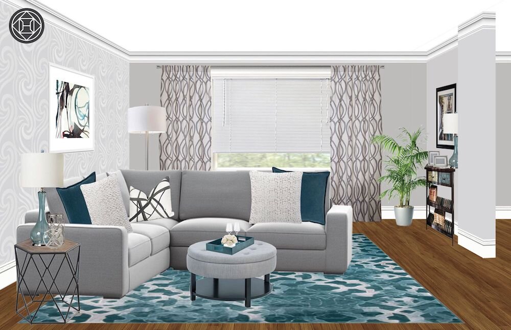 gray-sectional-with-teal-rug-and-contemporary-art