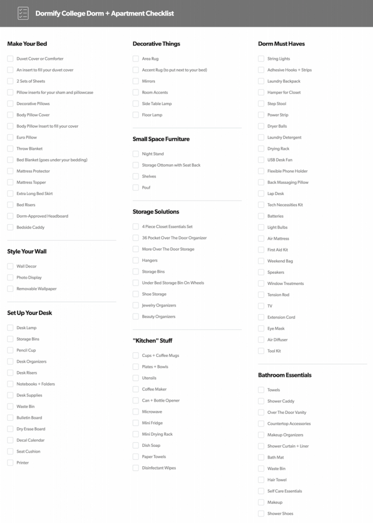 College Apartment and Dorm Room Essentials Checklist