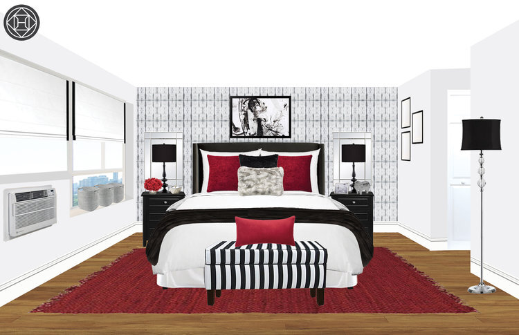 black-and-white-bedroom-design-with-red-pillows